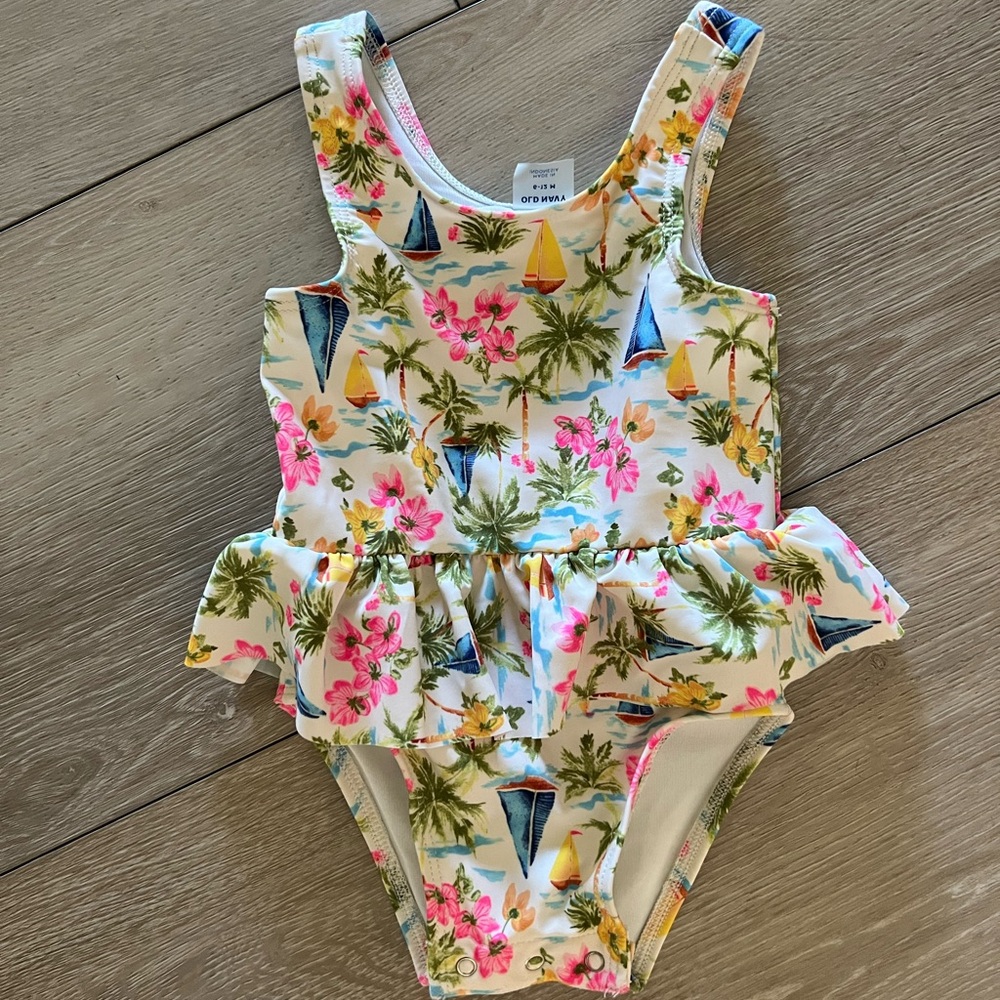 Old Navy Kids One Piece Swimsuit with Floral and Palm Print
